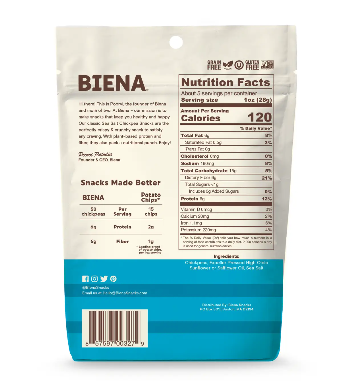 Biena Roasted Chickpea Snacks Sea Salt 5 oz
